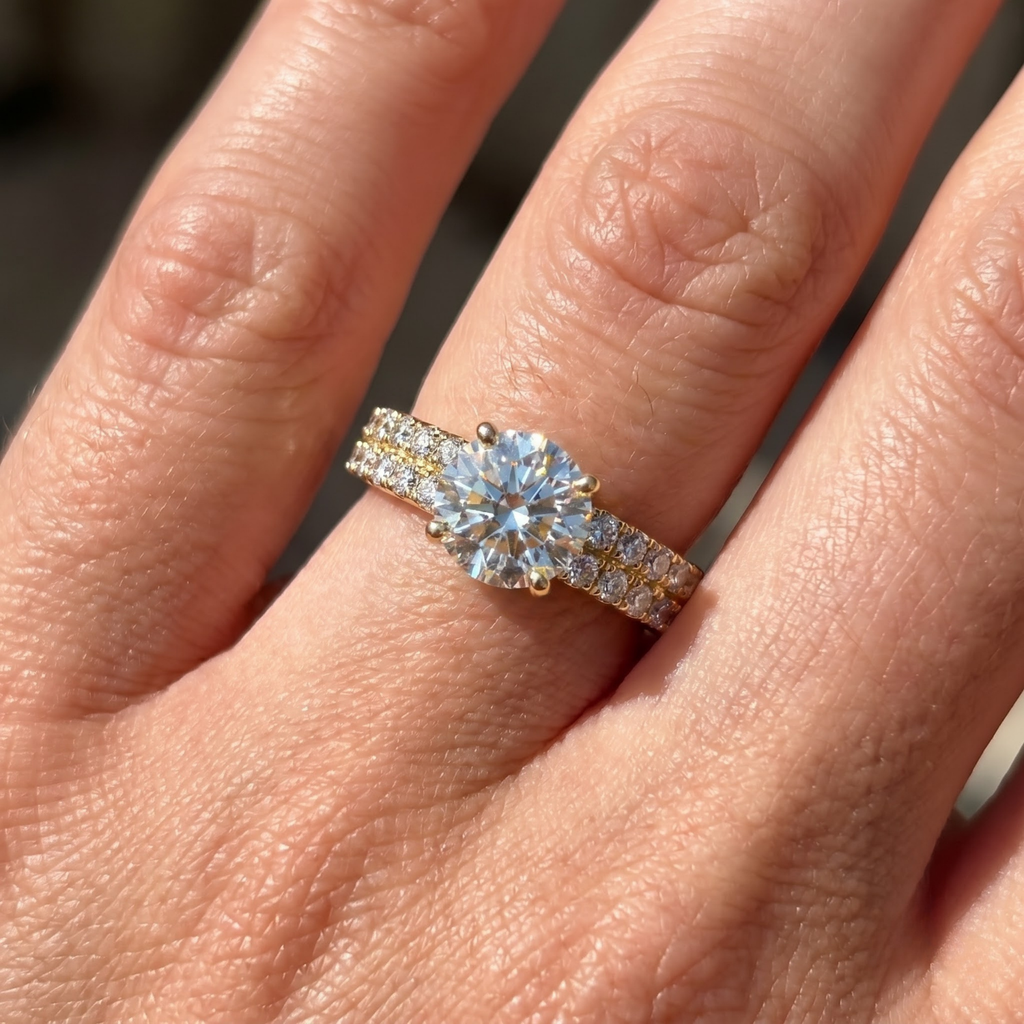 1.36 Cttw Round Gemstone Pave Diamond Double Row Band 14k Yellow Gold Engagement Ring