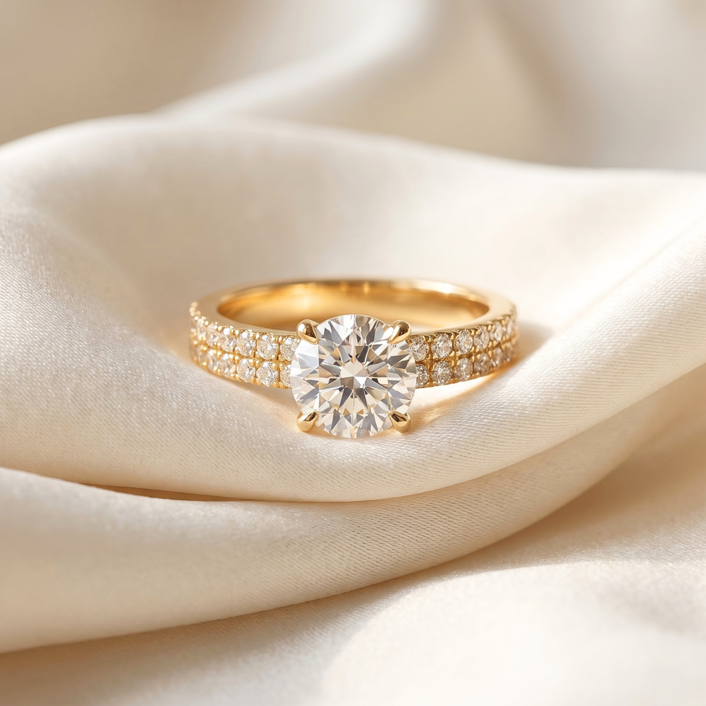 1.36 Cttw Round Gemstone Pave Diamond Double Row Band 14k Yellow Gold Engagement Ring