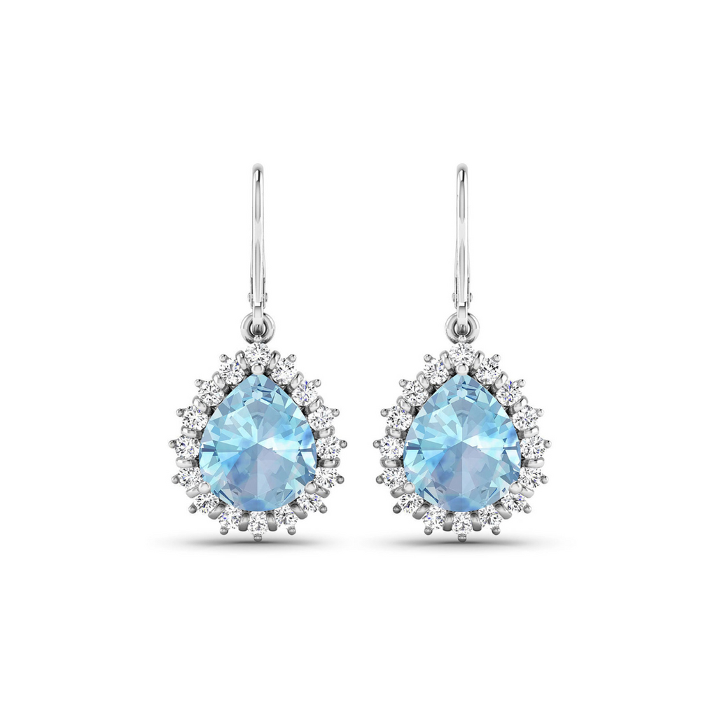 Genuine Aquamarine and Diamond Teardrop Halo Earrings
