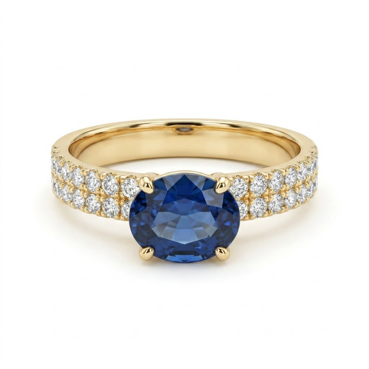 1.66 Cttw Oval Gemstone Double Row Pave Band 14k Yellow Gold Engagement Ring