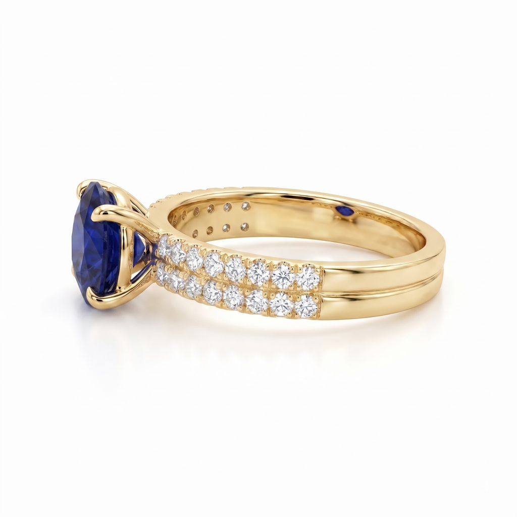 1.66 Cttw Oval Gemstone Double Row Pave Band 14k Yellow Gold Engagement Ring