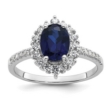 Load image into Gallery viewer, Lab Created Blue Sapphire and CZ Oval Halo Ring