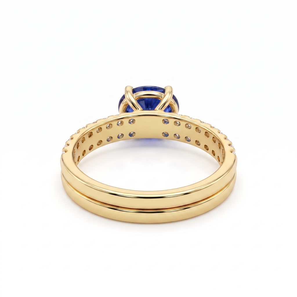 1.66 Cttw Oval Gemstone Double Row Pave Band 14k Yellow Gold Engagement Ring