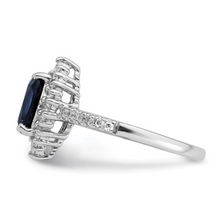 Load image into Gallery viewer, Lab Created Blue Sapphire and CZ Oval Halo Ring