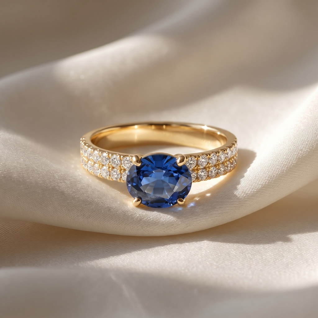 1.66 Cttw Oval Gemstone Double Row Pave Band 14k Yellow Gold Engagement Ring
