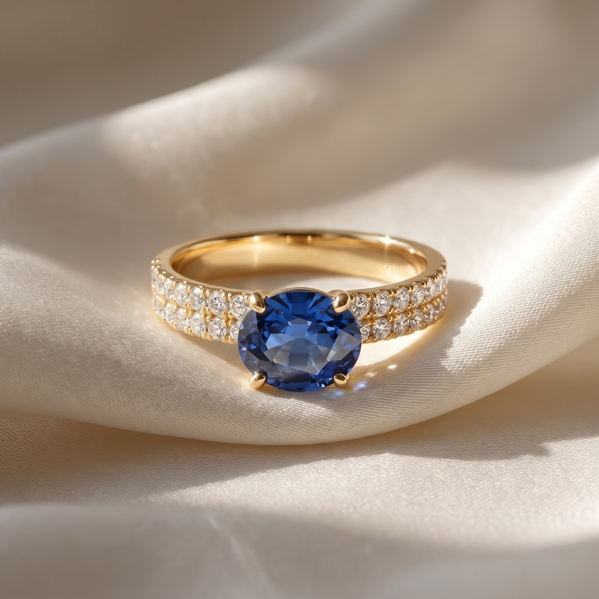 1.66 Cttw Oval Gemstone Double Row Pave Band 14k Yellow Gold Engagement Ring