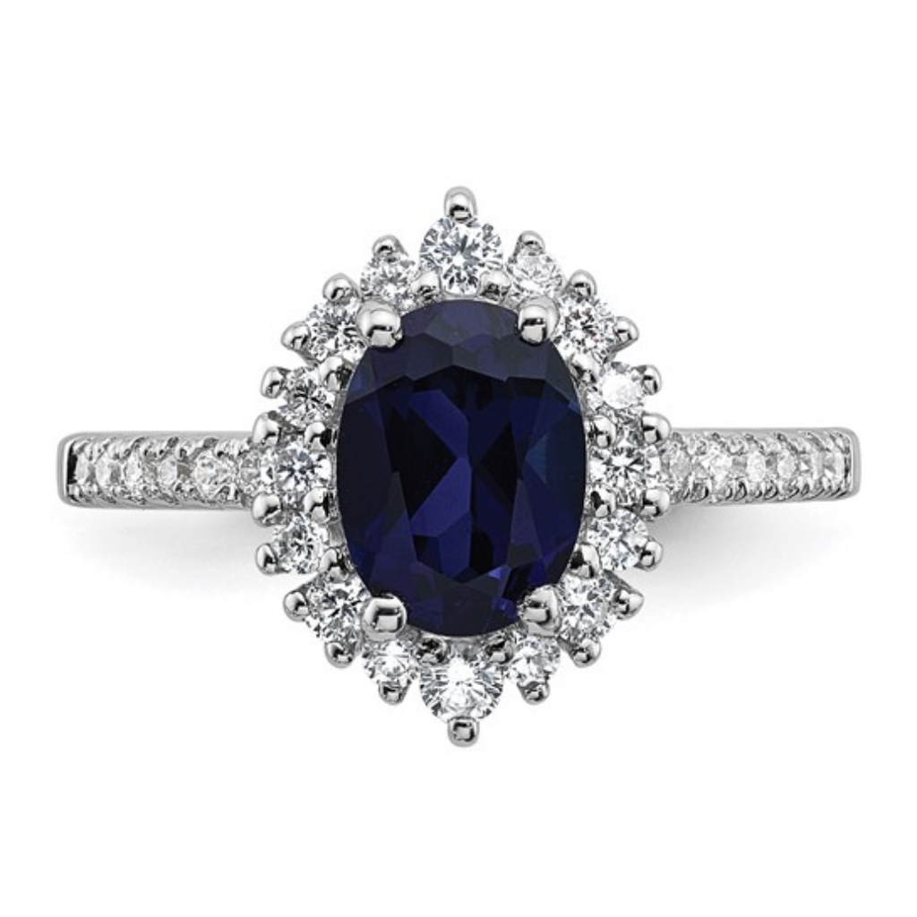 Lab Created Blue Sapphire and CZ Oval Halo Ring