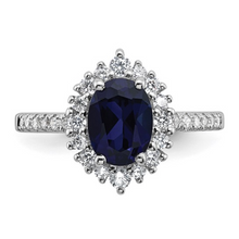 Load image into Gallery viewer, Lab Created Blue Sapphire and CZ Oval Halo Ring