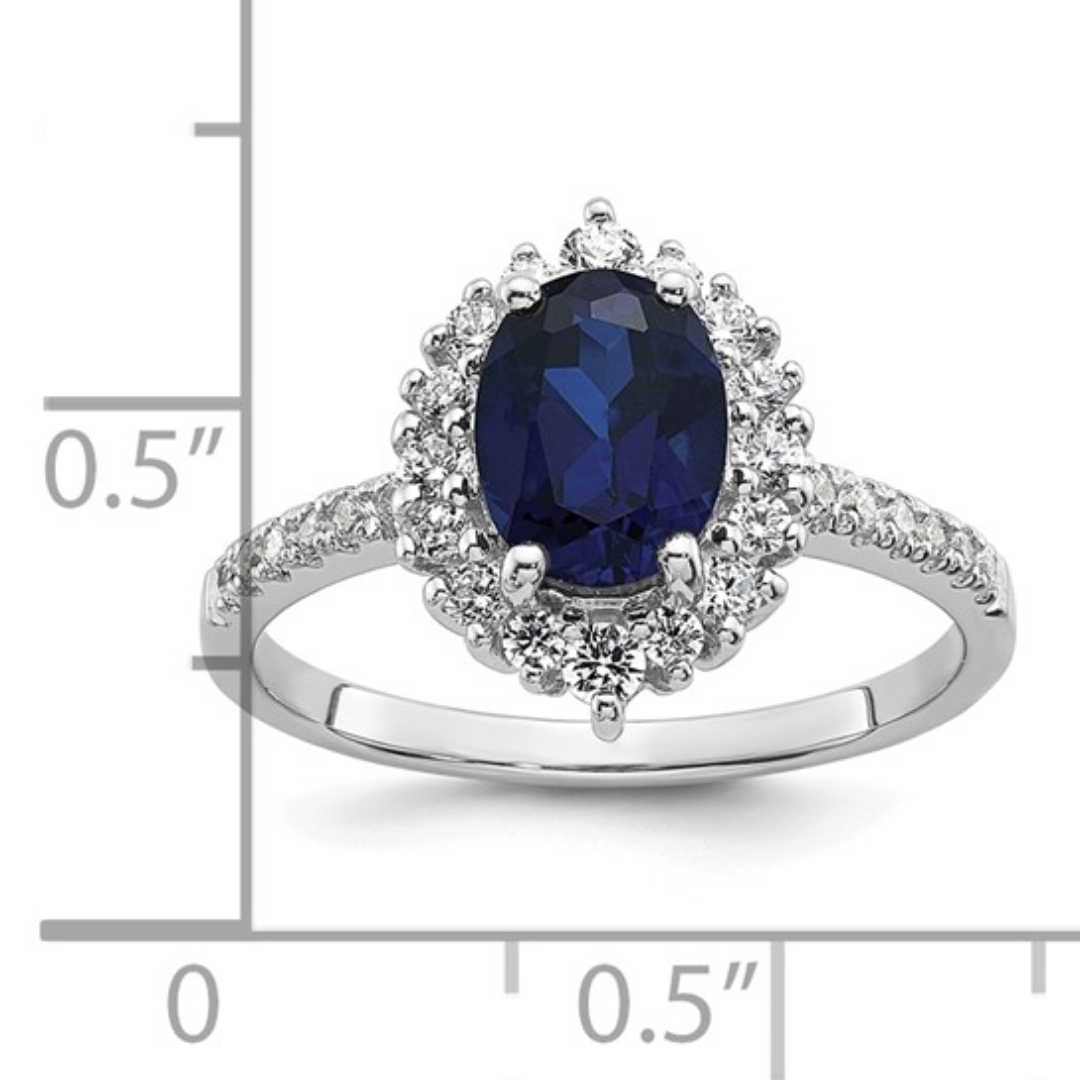 Lab Created Blue Sapphire and CZ Oval Halo Ring