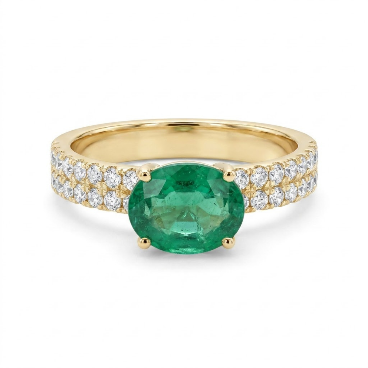 1.66 Cttw Oval Gemstone Double Row Pave Band 14k Yellow Gold Engagement Ring