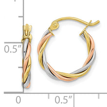 Load image into Gallery viewer, 10k Gold Tri-Color Twisted Hoop Earrings