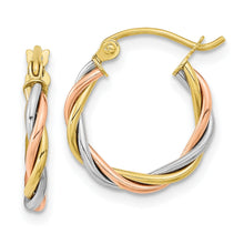 Load image into Gallery viewer, 10k Gold Tri-Color Twisted Hoop Earrings