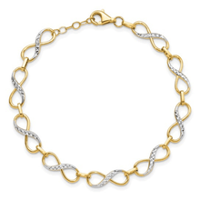 Load image into Gallery viewer, 10k Gold Two Tone Infinity Love Knot Bracelet Fine Color Jewels 10k gold Bracelet, 10k yellow gold Bracelet, best friend gift, classic bracelet, dainty gold Bracelet, dainty infinity bracelet, Fancy Link Bracelet, forever bracelet, gold bracelet, Gold Chain Bracelet, Infinity Link Bracelet, infinity love bracelet, Leslie&#39;s 10K with Rhodium Diamond cut Infinity Fancy Bracelet, minimalist bracelet, pave linked bracelet, Solid 10k Yellow Gold Two Toned Diamond-Cut Infinity Love Knot Symbol Unique Bracelet