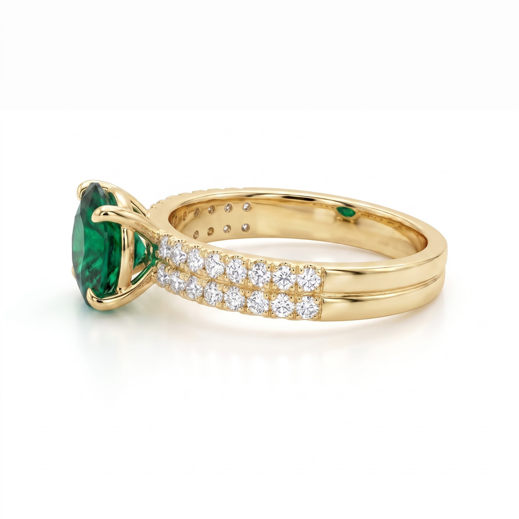 1.66 Cttw Oval Gemstone Double Row Pave Band 14k Yellow Gold Engagement Ring