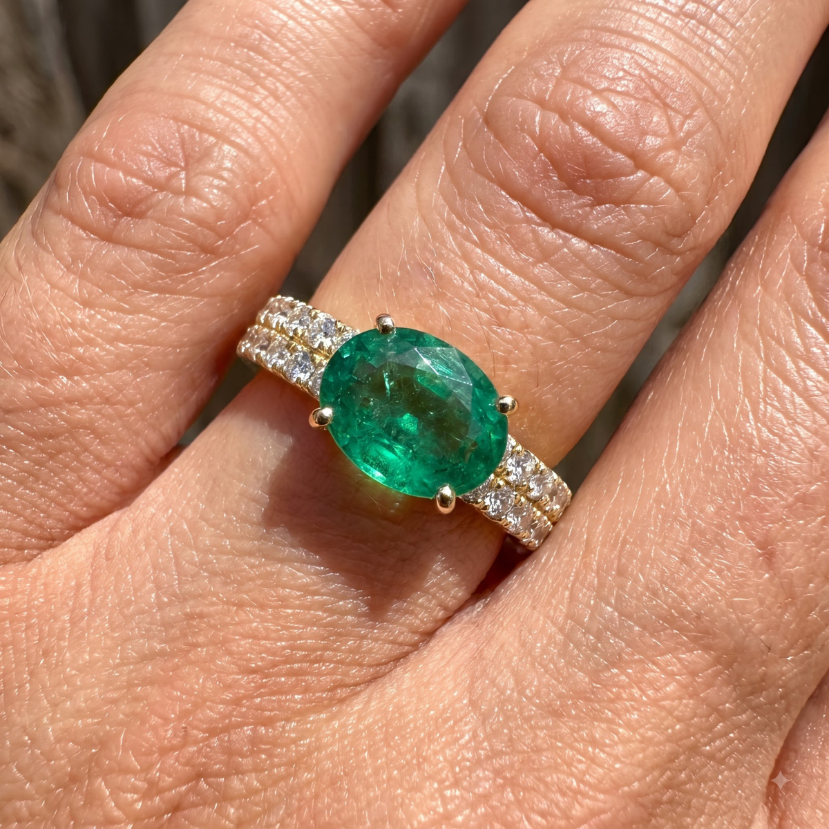 1.66 Cttw Oval Gemstone Double Row Pave Band 14k Yellow Gold Engagement Ring