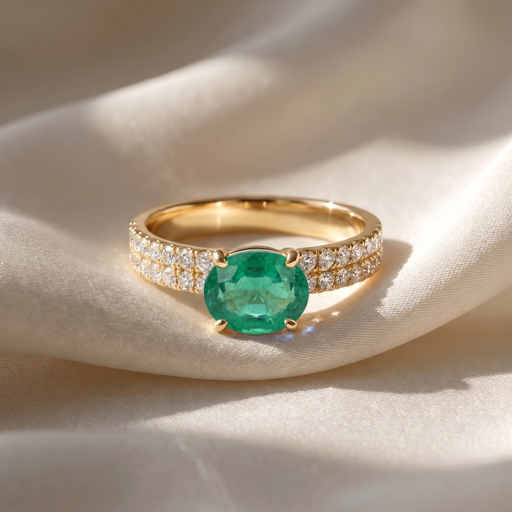 1.66 Cttw Oval Gemstone Double Row Pave Band 14k Yellow Gold Engagement Ring