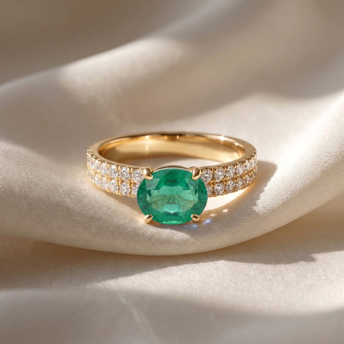 1.66 Cttw Oval Gemstone Double Row Pave Band 14k Yellow Gold Engagement Ring