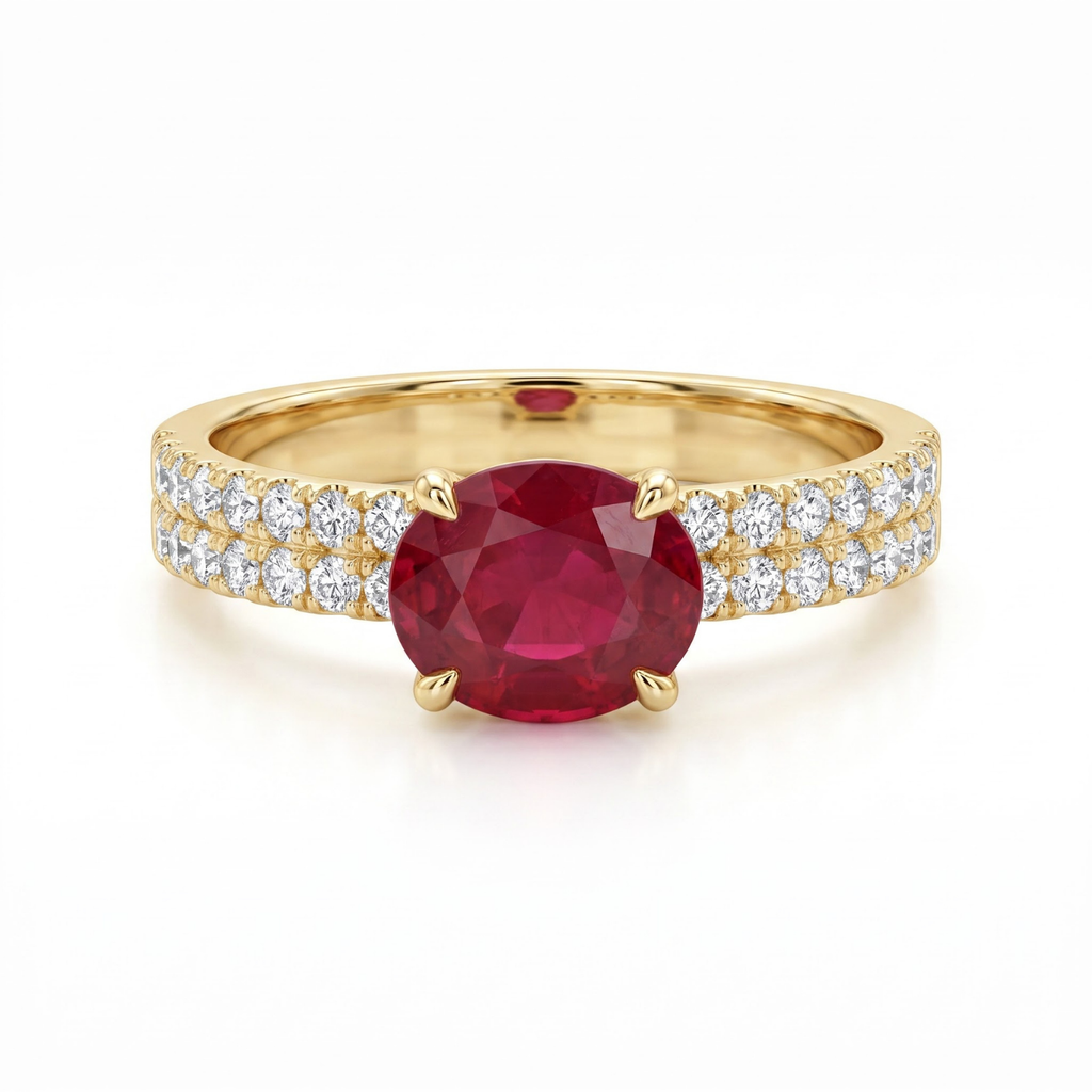 1.66 Cttw Oval Gemstone Double Row Pave Band 14k Yellow Gold Engagement Ring
