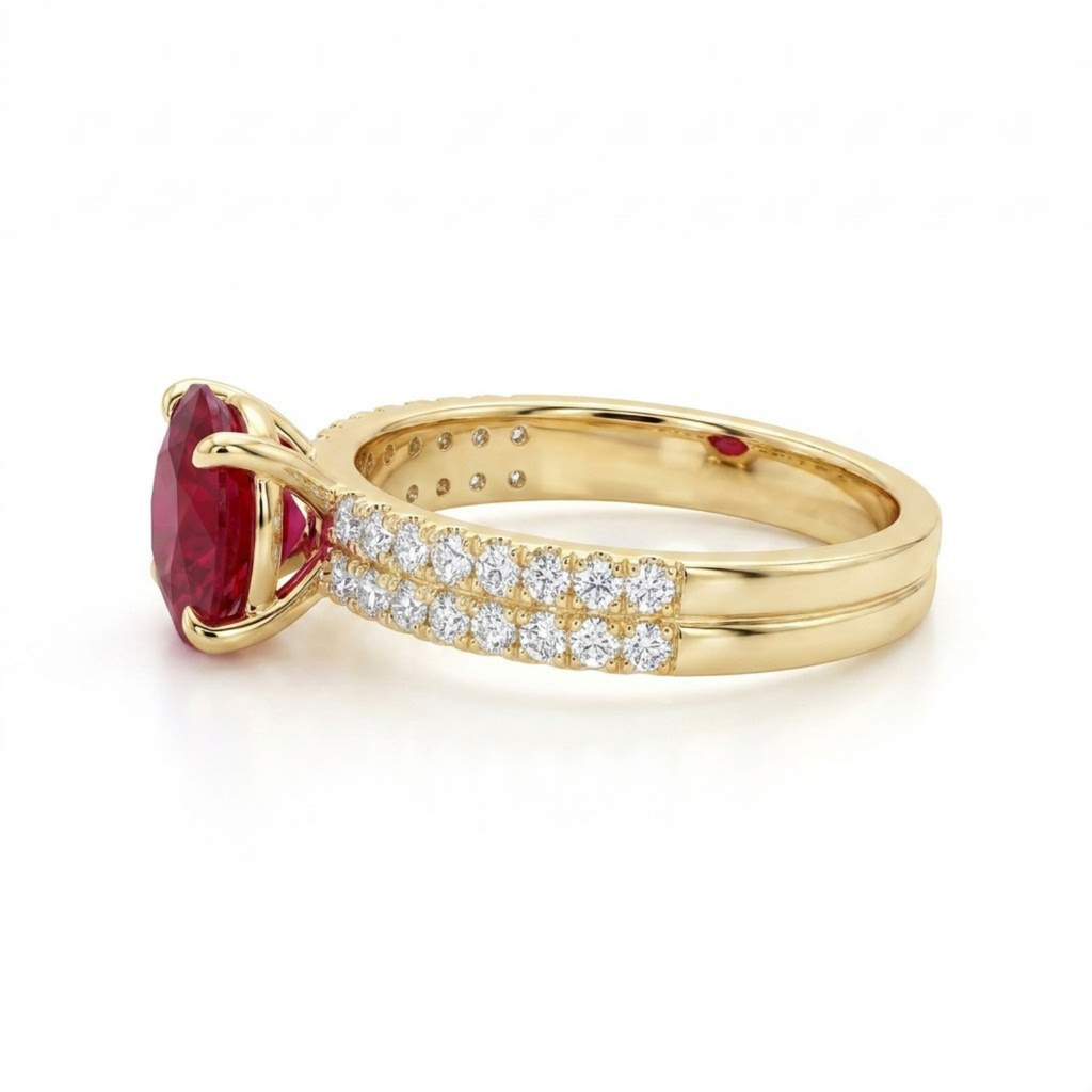 1.66 Cttw Oval Gemstone Double Row Pave Band 14k Yellow Gold Engagement Ring