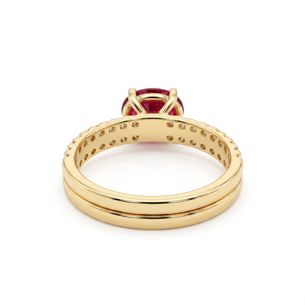 1.66 Cttw Oval Gemstone Double Row Pave Band 14k Yellow Gold Engagement Ring