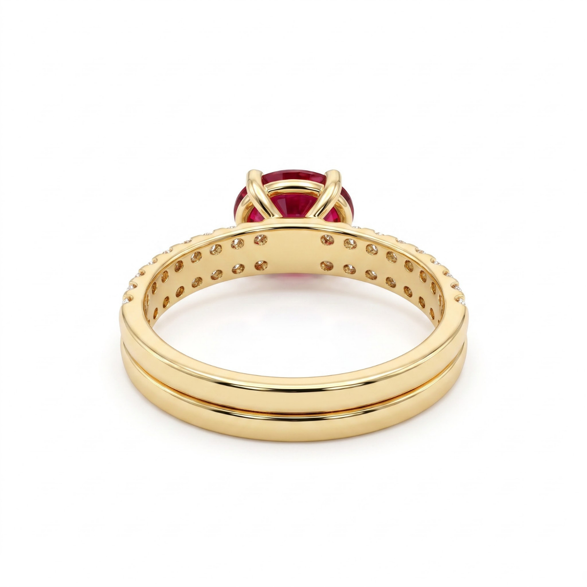 1.66 Cttw Oval Gemstone Double Row Pave Band 14k Yellow Gold Engagement Ring