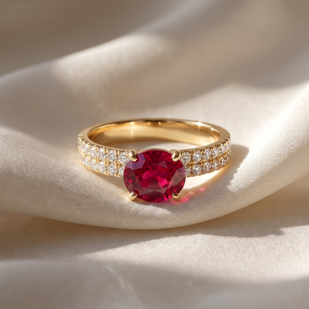 1.66 Cttw Oval Gemstone Double Row Pave Band 14k Yellow Gold Engagement Ring