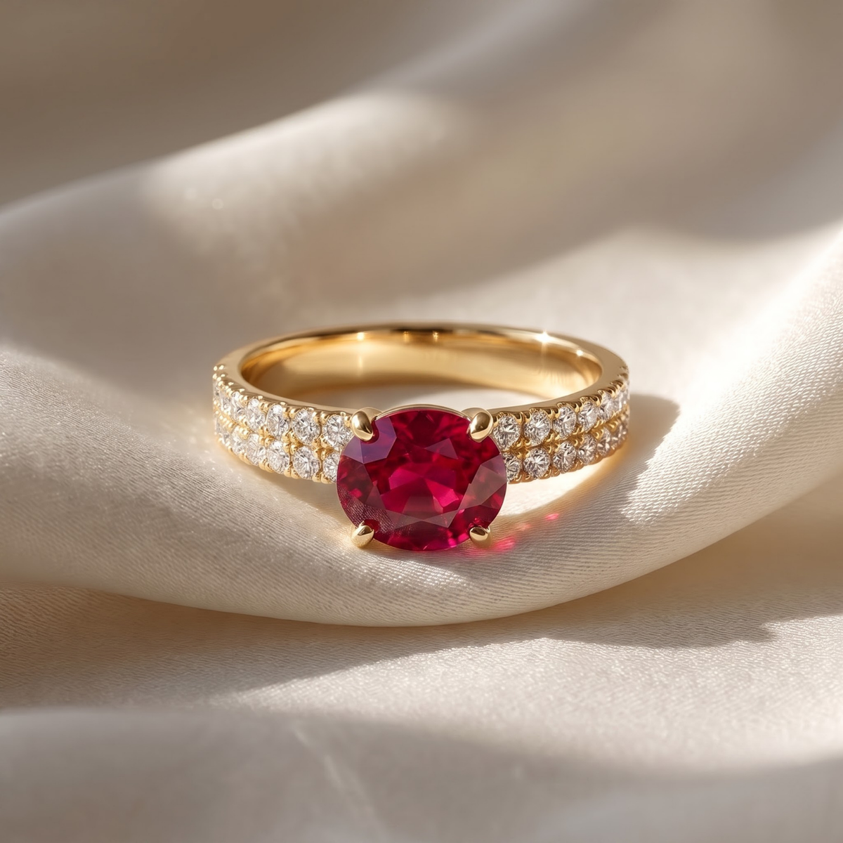 1.66 Cttw Oval Gemstone Double Row Pave Band 14k Yellow Gold Engagement Ring