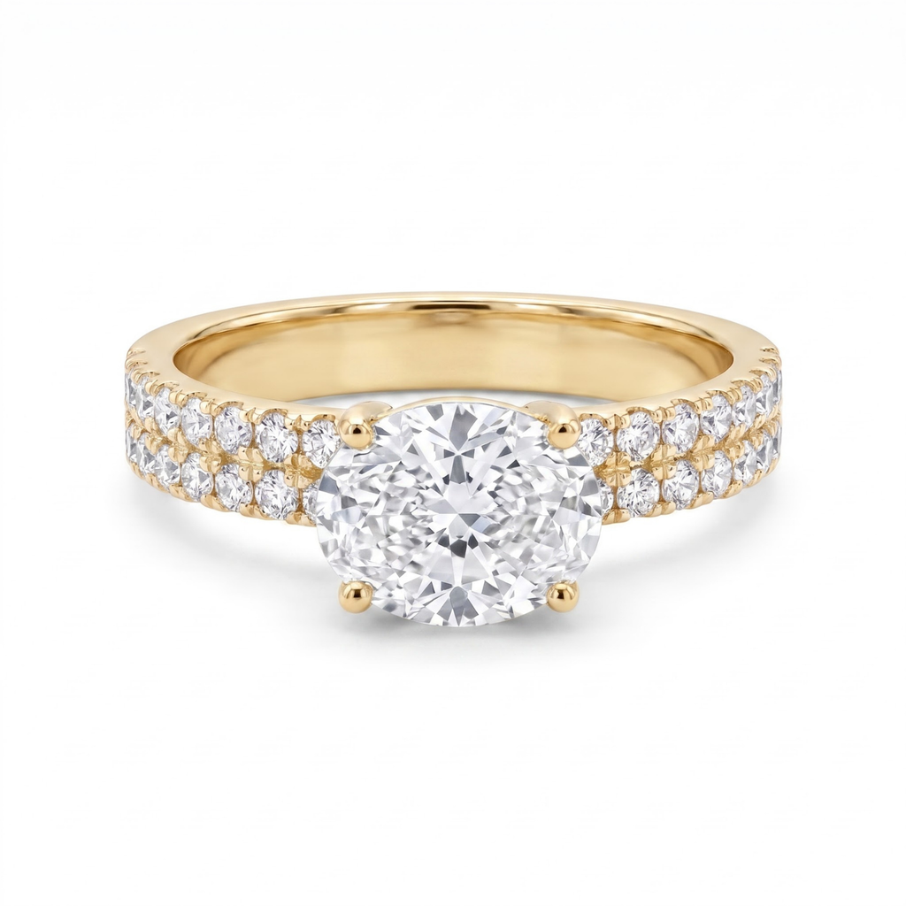 1.66 Cttw Oval Gemstone Double Row Pave Band 14k Yellow Gold Engagement Ring