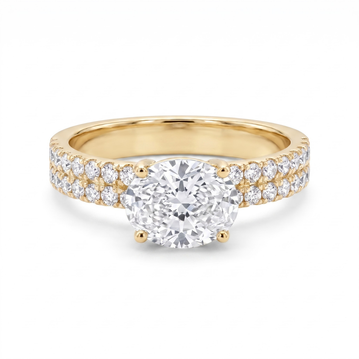 1.66 Cttw Oval Gemstone Double Row Pave Band 14k Yellow Gold Engagement Ring