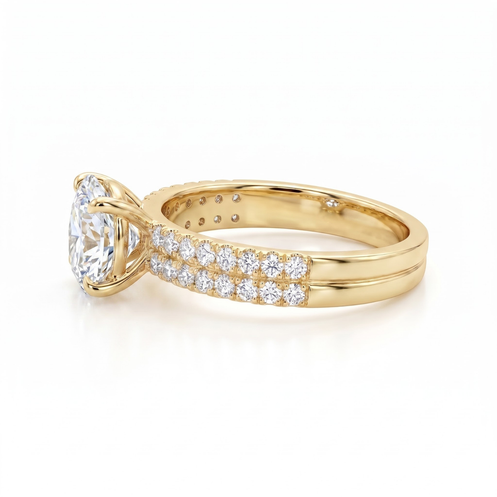 1.66 Cttw Oval Gemstone Double Row Pave Band 14k Yellow Gold Engagement Ring