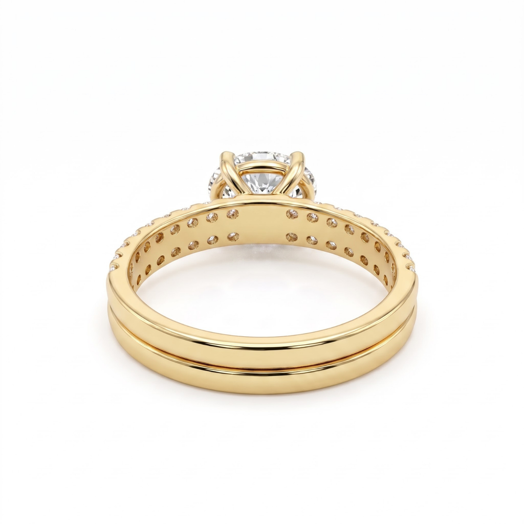 1.66 Cttw Oval Gemstone Double Row Pave Band 14k Yellow Gold Engagement Ring