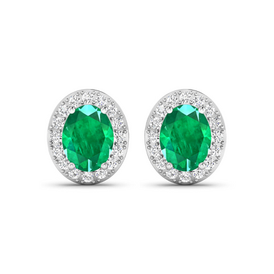 Genuine Zambian Emerald and White Diamond Studs Earrings