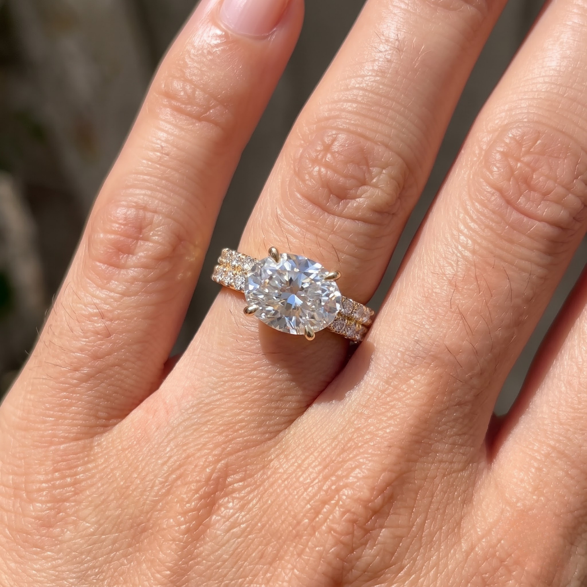 1.66 Cttw Oval Gemstone Double Row Pave Band 14k Yellow Gold Engagement Ring
