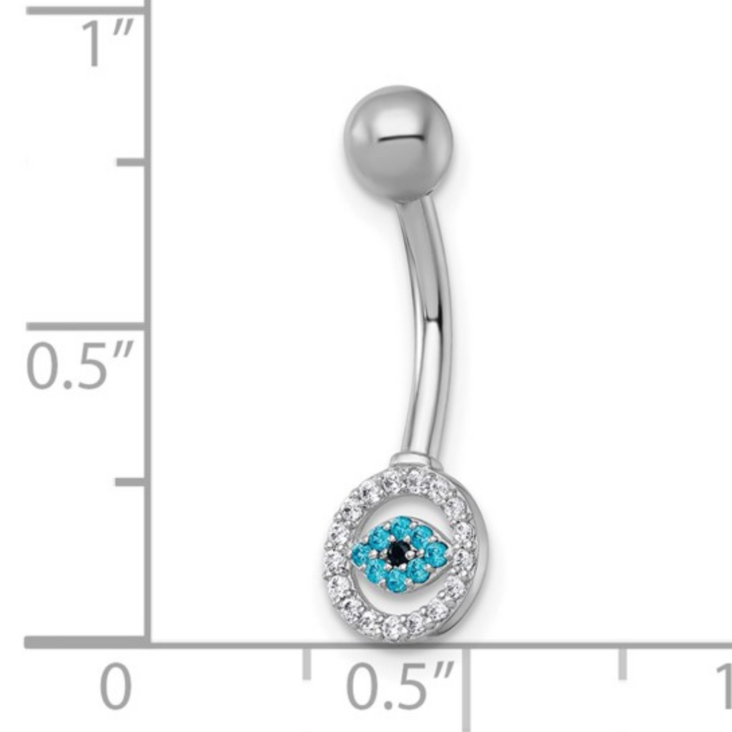 10k White Gold White and Blue CZ Evil Eye Navel Ring