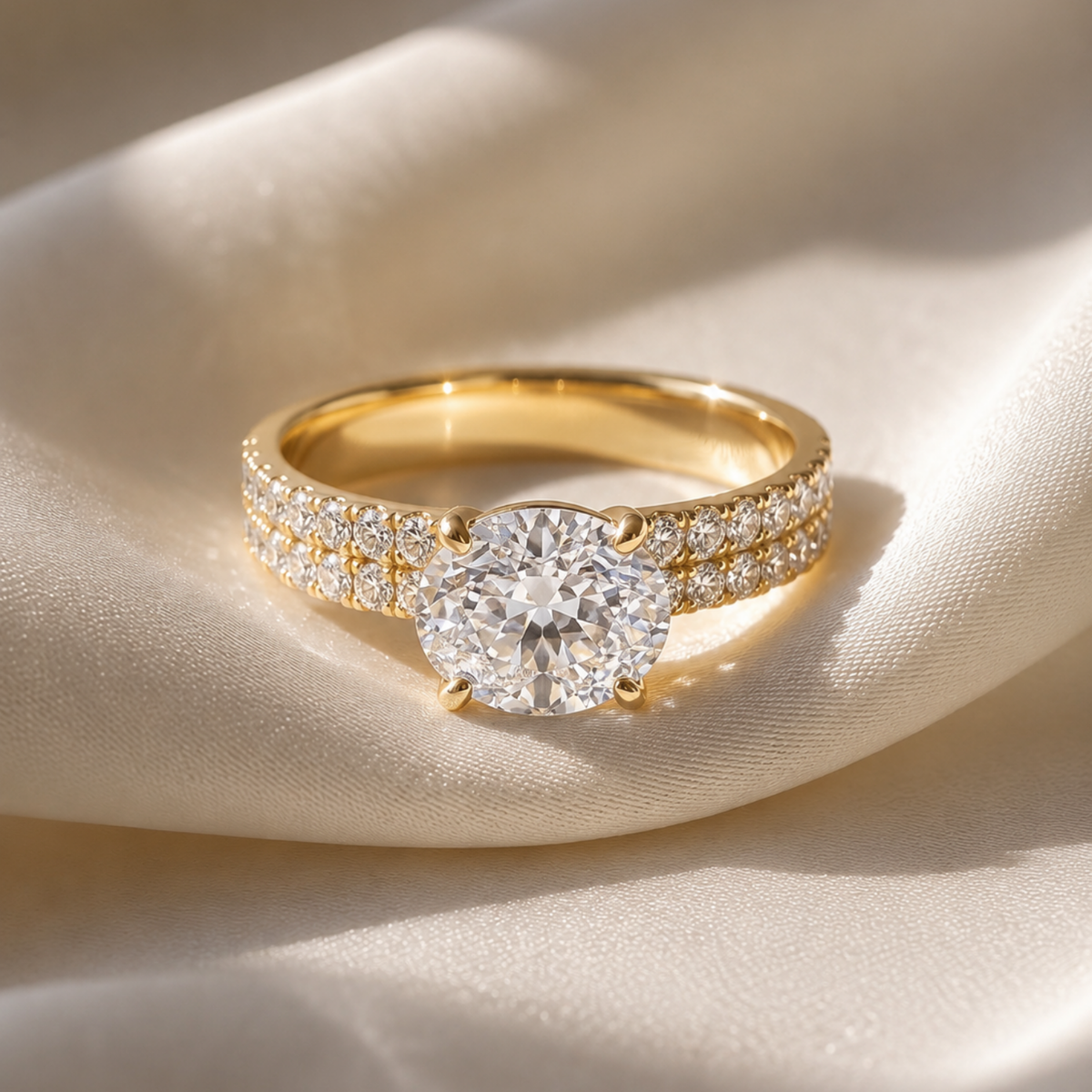 1.66 Cttw Oval Gemstone Double Row Pave Band 14k Yellow Gold Engagement Ring