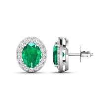 Load image into Gallery viewer, Genuine Zambian Emerald and White Diamond Studs Earrings