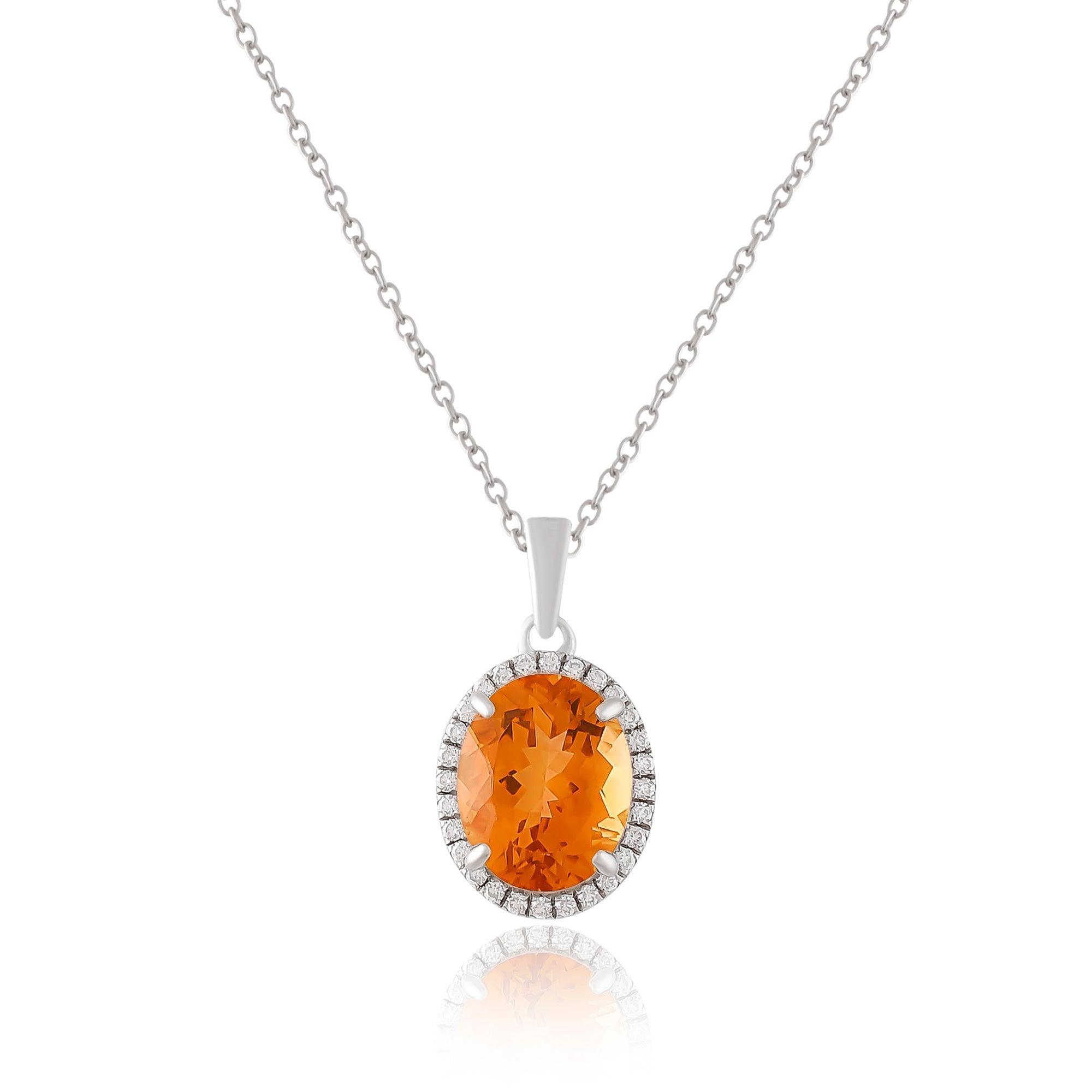 Natural Citrine Pendant Necklace with Round Moissanite Accents Oval Citrine Halo Pendant  Natural Citrine Pendant Necklace - FineColorJewels