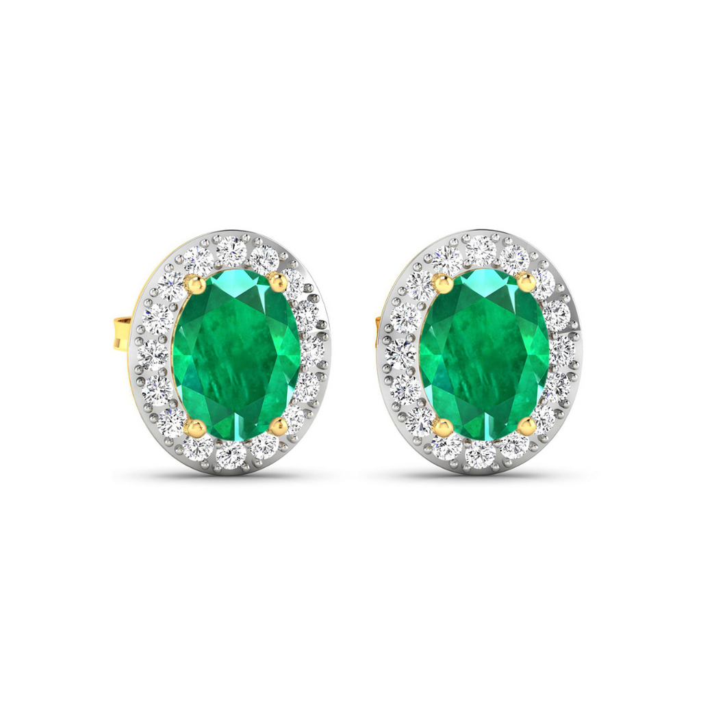 Genuine Zambian Emerald and White Diamond Studs Earrings