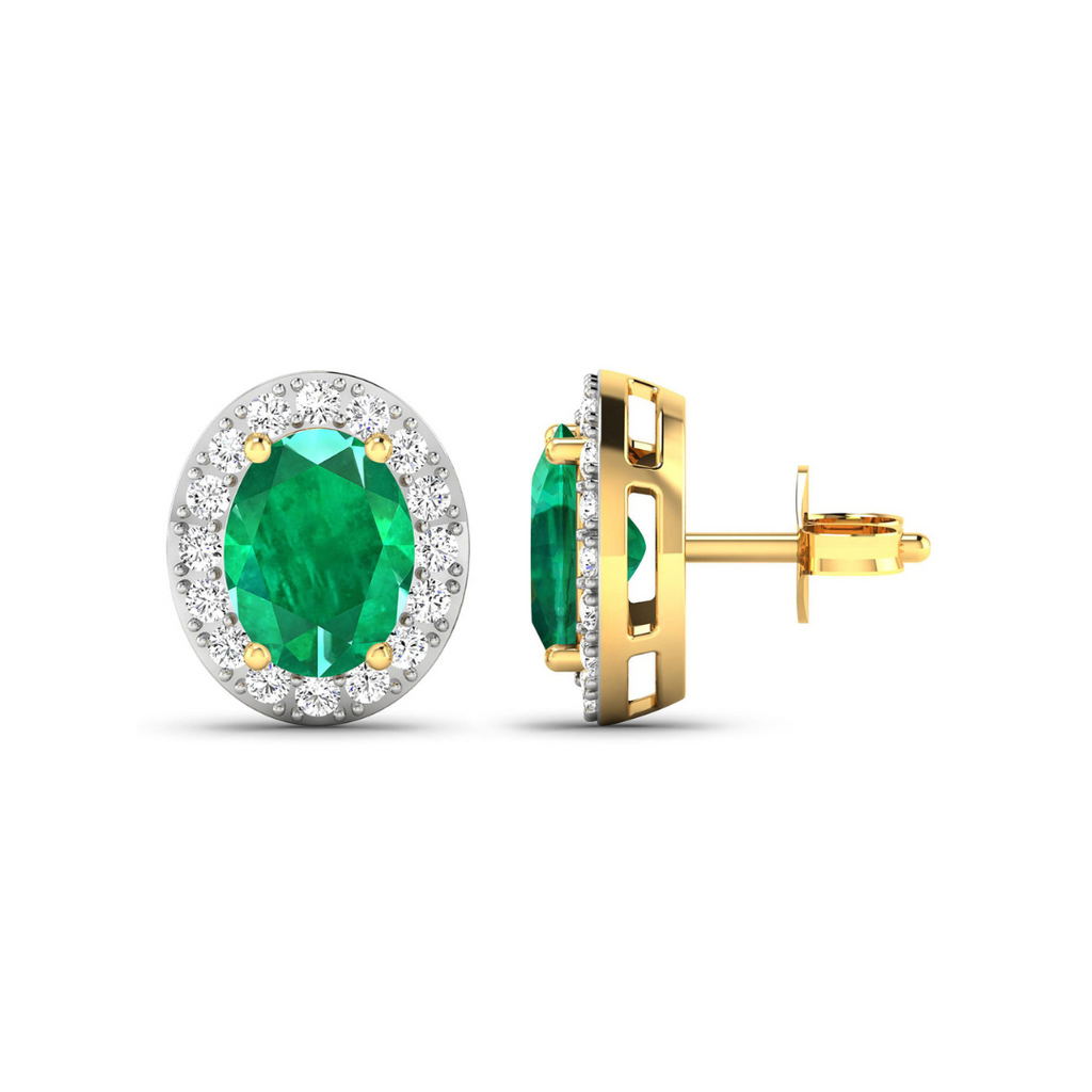 Genuine Zambian Emerald and White Diamond Studs Earrings