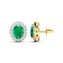 Load image into Gallery viewer, Genuine Zambian Emerald and White Diamond Studs Earrings