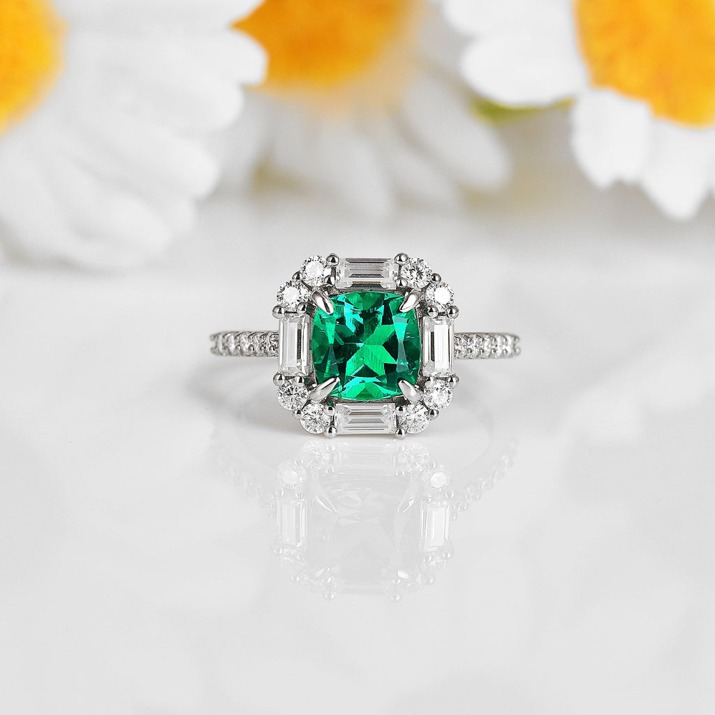 Colombian Created Emerald Cushion Halo Ring
