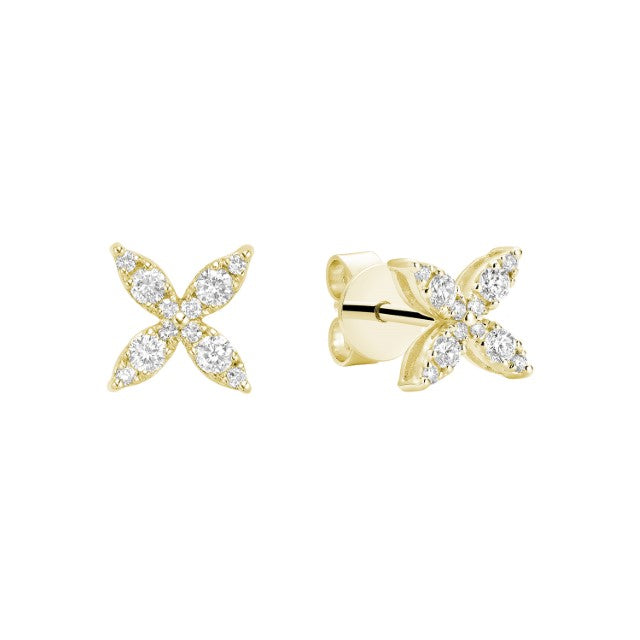 Natural Diamond Marquise Flower 14k Gold Stud Earrings