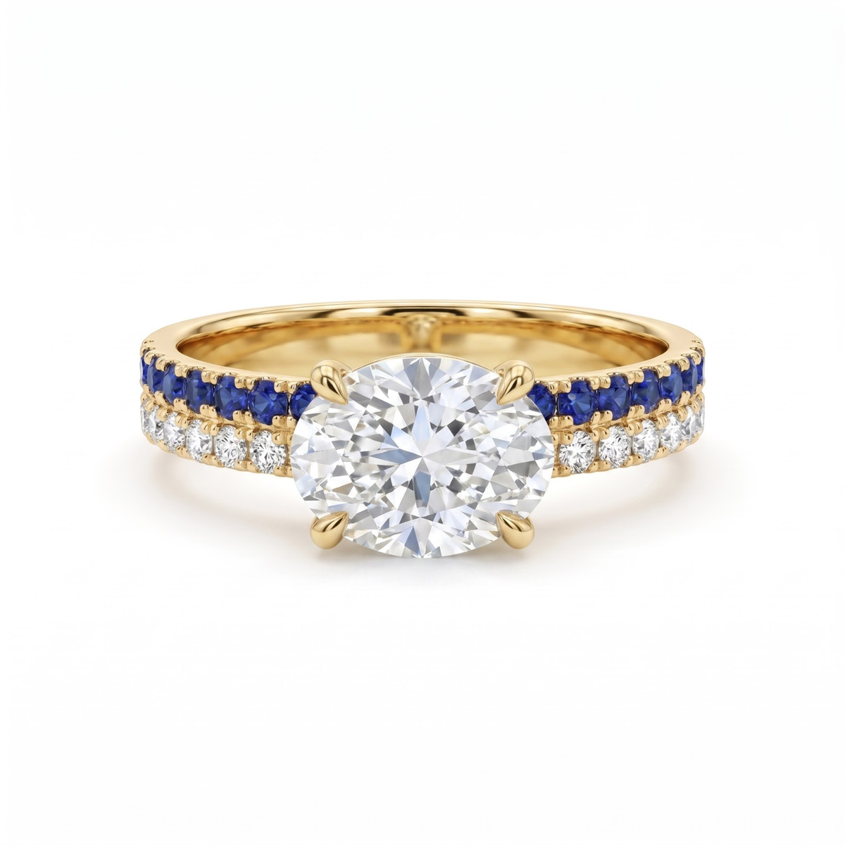 1.27 Cttw Oval Lab Grown Diamond Double Row Pave Band 14k Yellow Gold Engagement Ring