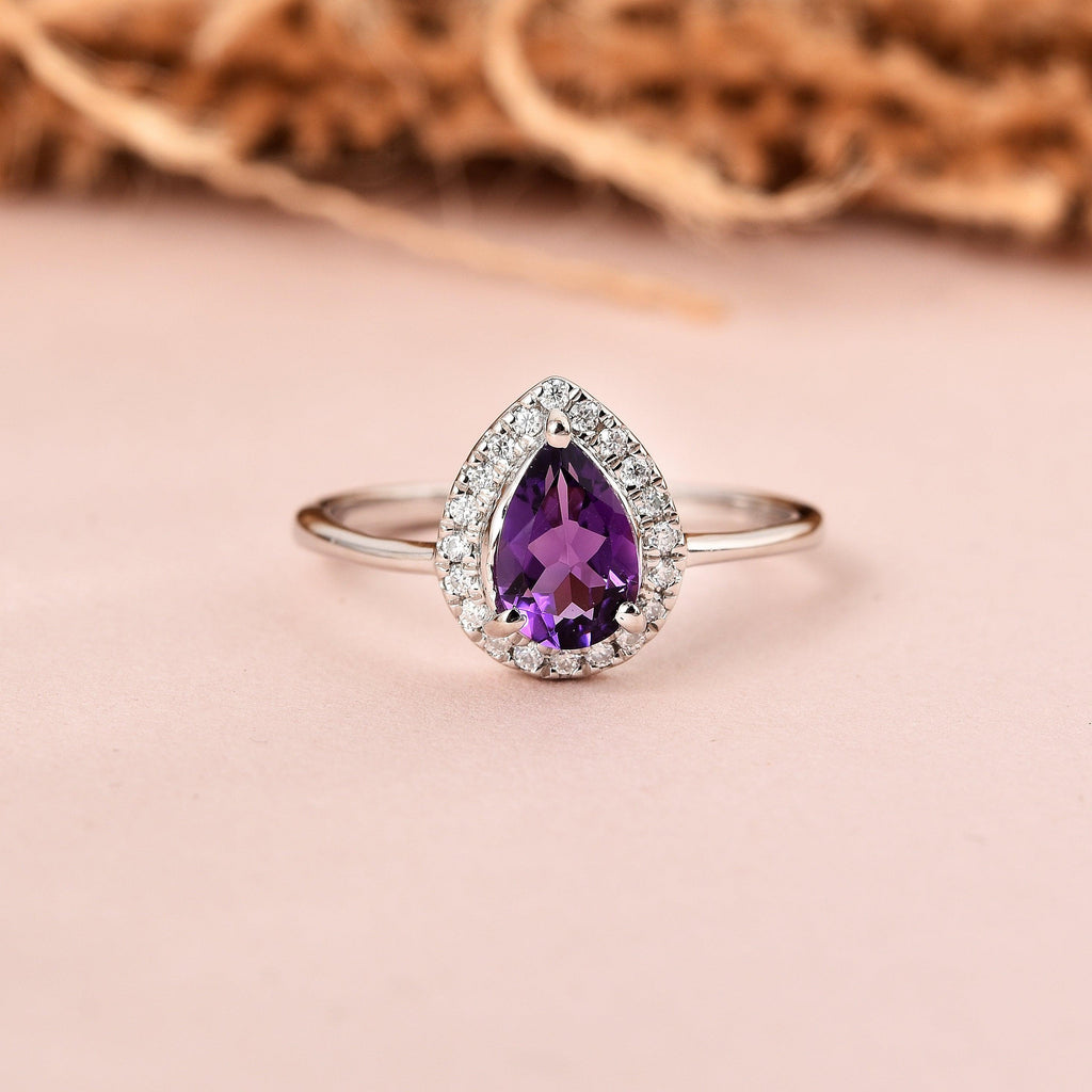 Natural Amethyst Teardrop Halo Ring Fine Color Jewels amethyst promise ring, best gift for girls, best gift for women, Christmas gift, dla-dm-discount-all-154898, February Birthstone, gift for her, Gift for Mom, gift for women, gift from daughter, gift ideas for her, gifts for her, Mother's Day Gift, New Year gift, purple gemstone ring, Teardrop halo ring&nbsp;, Valentine's Day gift