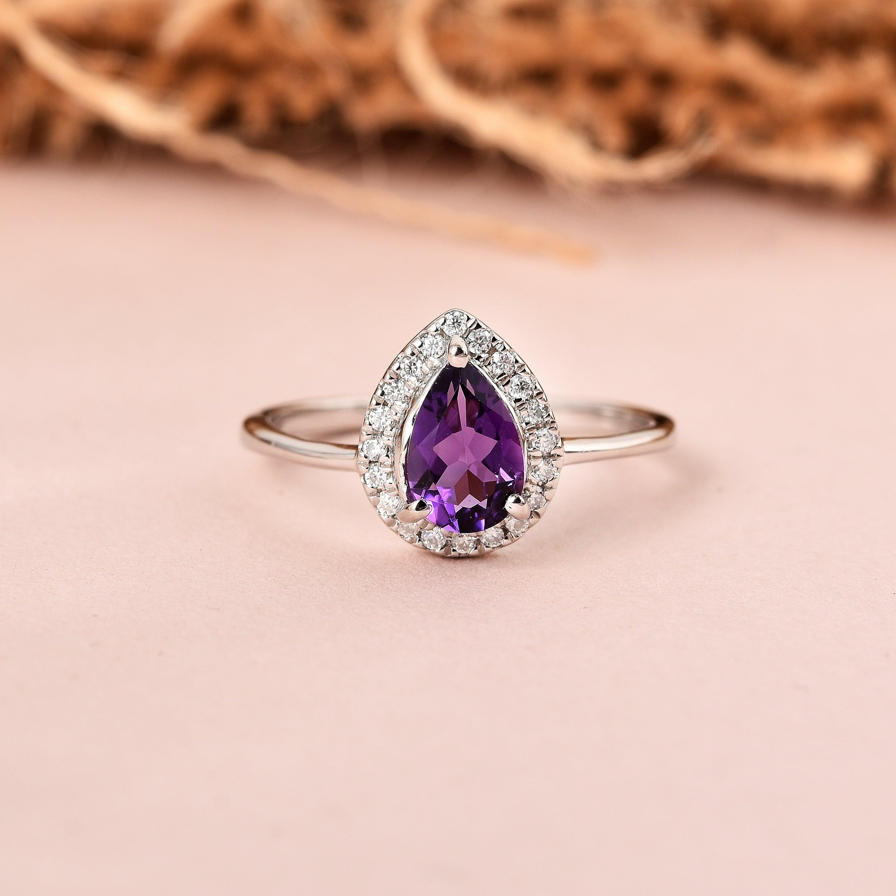 Natural Amethyst Teardrop Halo Ring Fine Color Jewels amethyst promise ring, best gift for girls, best gift for women, Christmas gift, dla-dm-discount-all-154898, February Birthstone, gift for her, Gift for Mom, gift for women, gift from daughter, gift ideas for her, gifts for her, Mother's Day Gift, New Year gift, purple gemstone ring, Teardrop halo ring&nbsp;, Valentine's Day gift