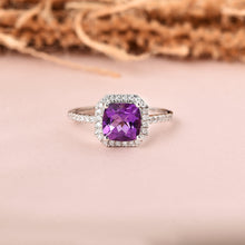 Load image into Gallery viewer, Natural Amethyst Cushion Halo Ring FineColorJewels amethyst halo ring, amethyst promise ring, best gift for girls, best gift for women, Christmas gift, dla-dm-discount-all-154898, February Birthstone, gift for her, Gift for Mom, gift for women, gift from daughter, halo ring, New Year gift, purple gemstone ring, Silver Halo Ring, Valentine&#39;s Day gift