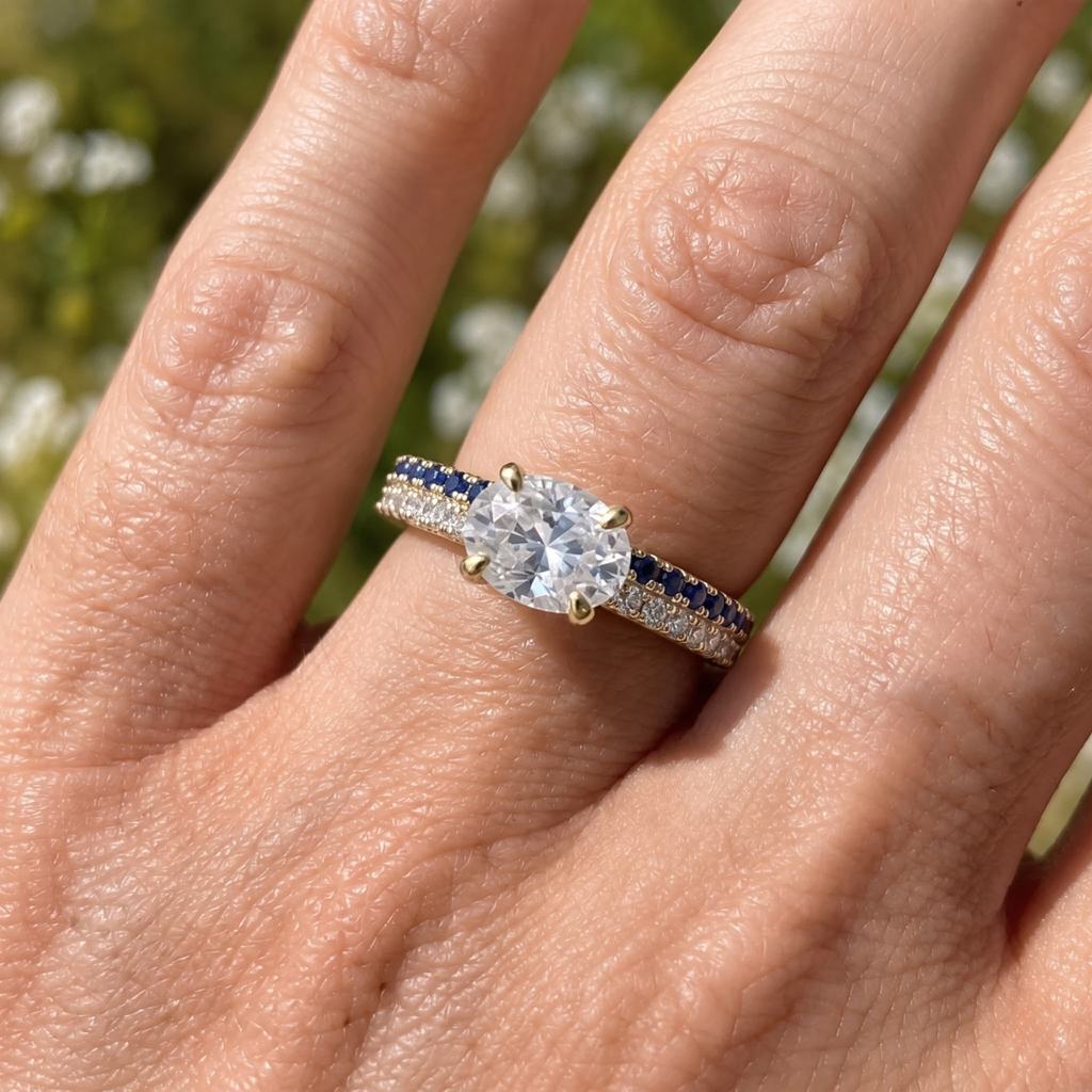 1.27 Cttw Oval Lab Grown Diamond Double Row Pave Band 14k Yellow Gold Engagement Ring