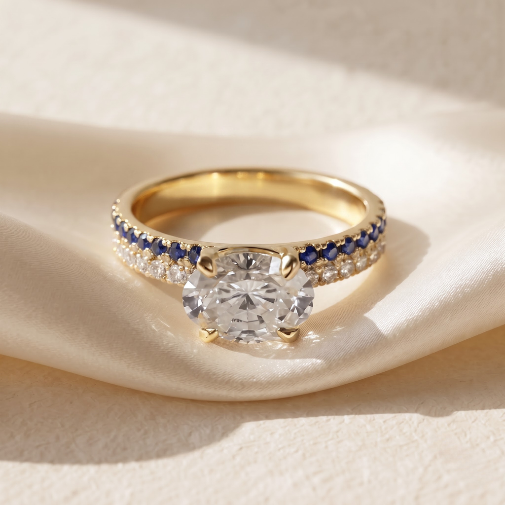 1.27 Cttw Oval Lab Grown Diamond Double Row Pave Band 14k Yellow Gold Engagement Ring