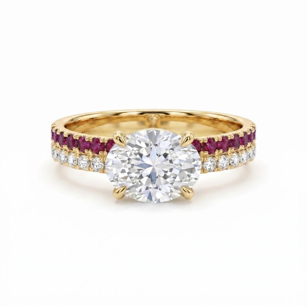 1.27 Cttw Oval Lab Grown Diamond Double Row Pave Band 14k Yellow Gold Engagement Ring