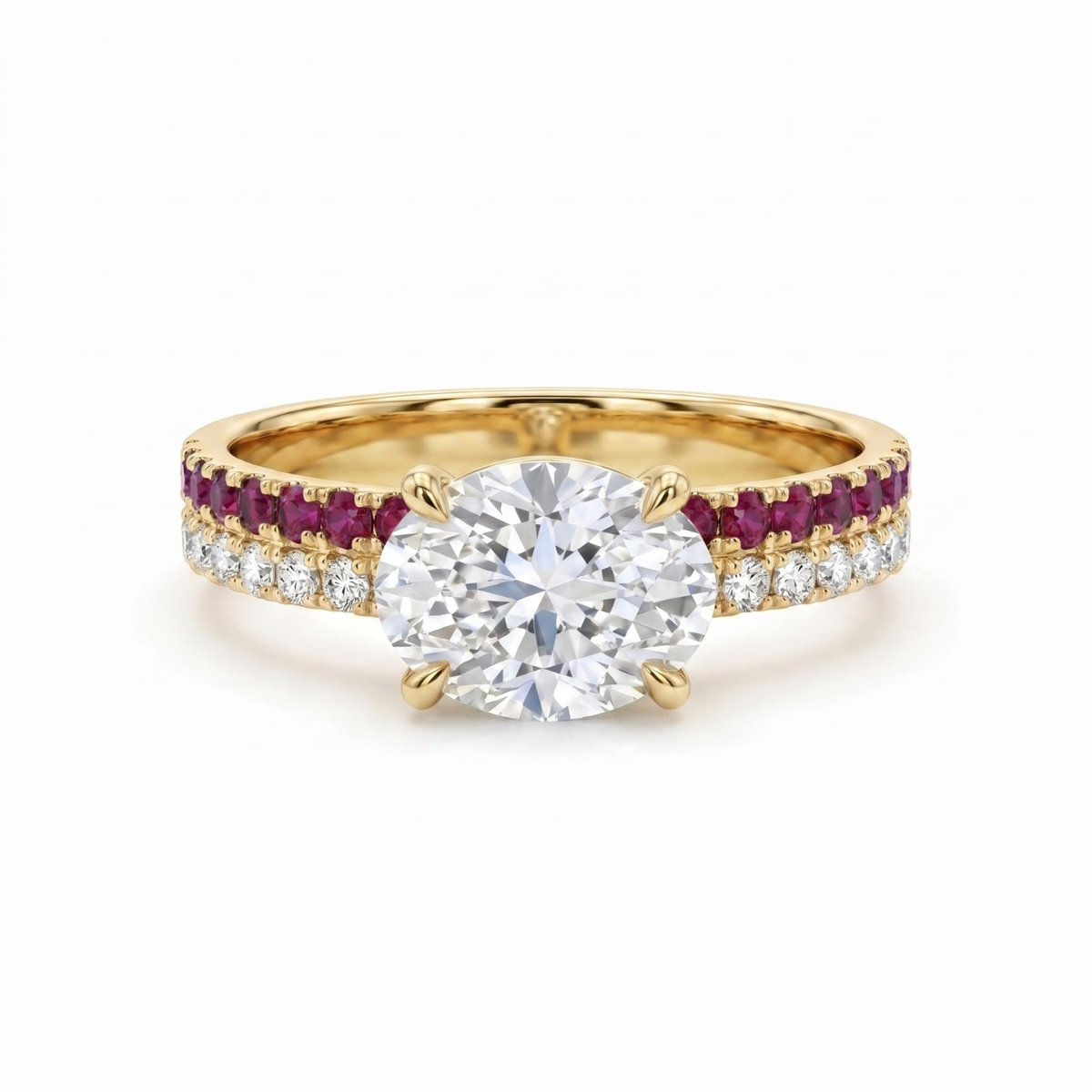 1.27 Cttw Oval Lab Grown Diamond Double Row Pave Band 14k Yellow Gold Engagement Ring